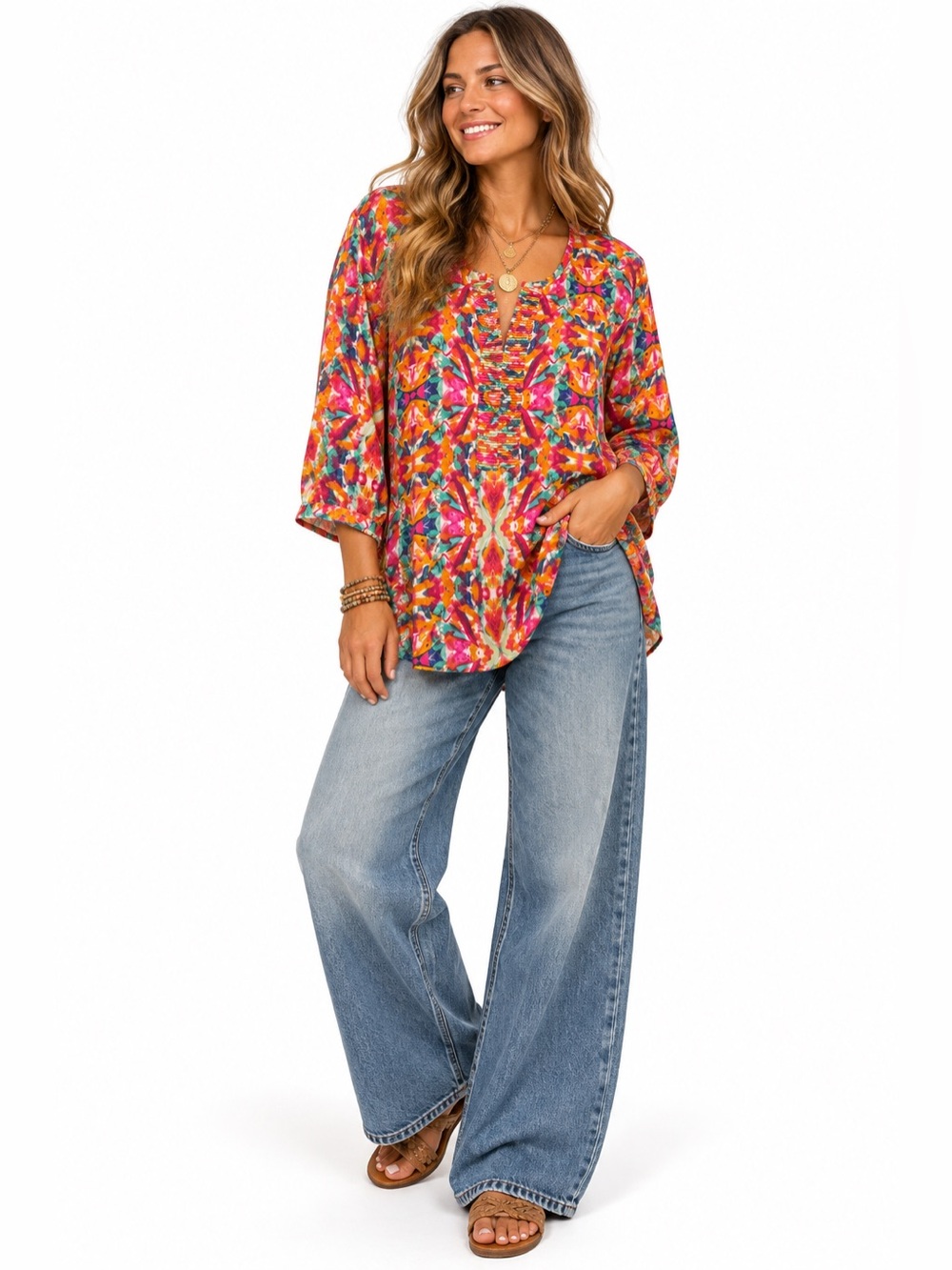 Coldwater Creek 1X Colorful Abstract Print Tunic Blouse Embellished Split Neck